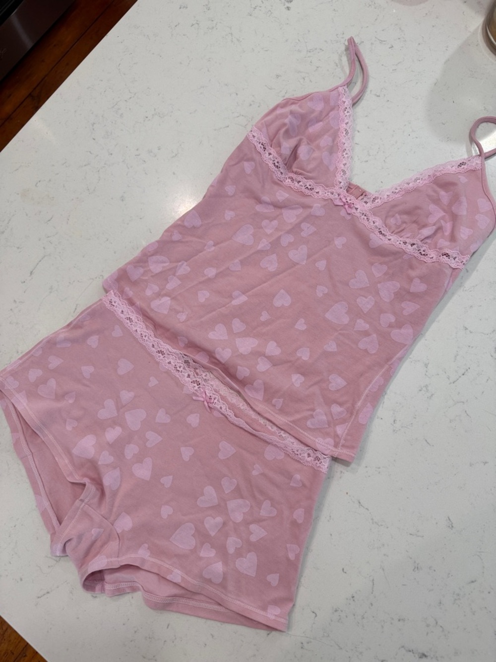 SOLD!!

SKIMS Pink Heart-Print Lace Trim Cami & Shorts Sleep Set